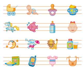 A collection of 80 icons of baby and kids stuff.